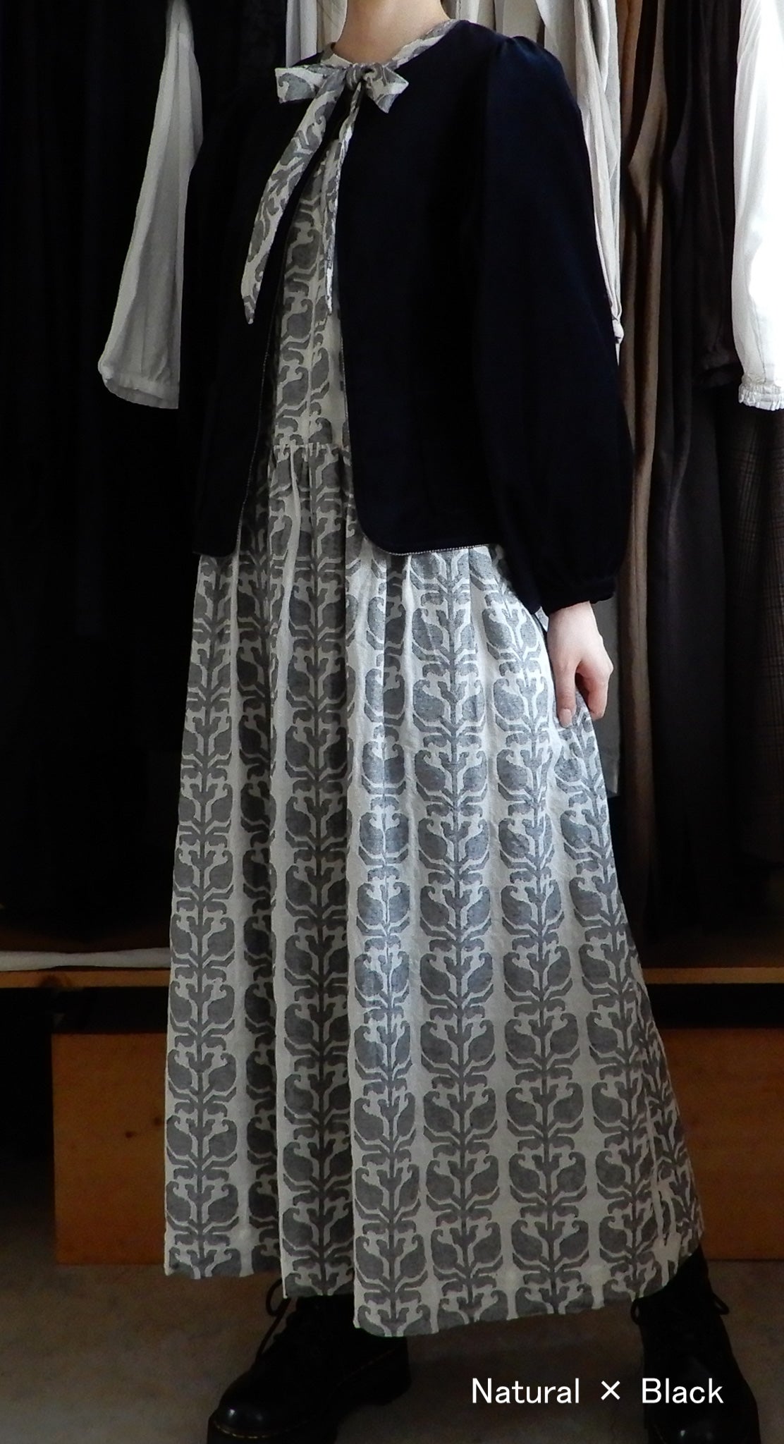 コットンジャガードリボンワンピース Natural×Black