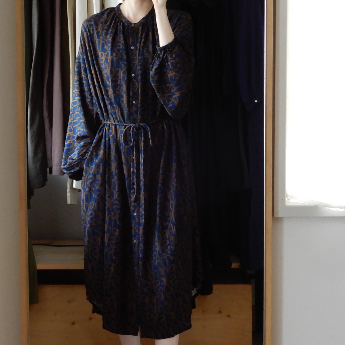 Viscose Text Print Dress Navy x Brown