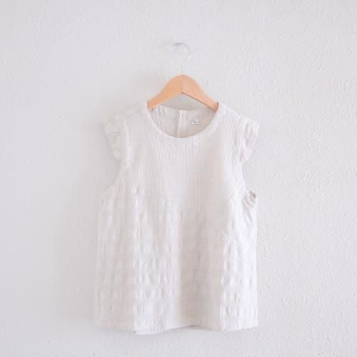 Cotton linen waffle sleeve shirt, off-white