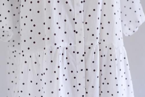 Cotton linen polka dot dress, off white x brown