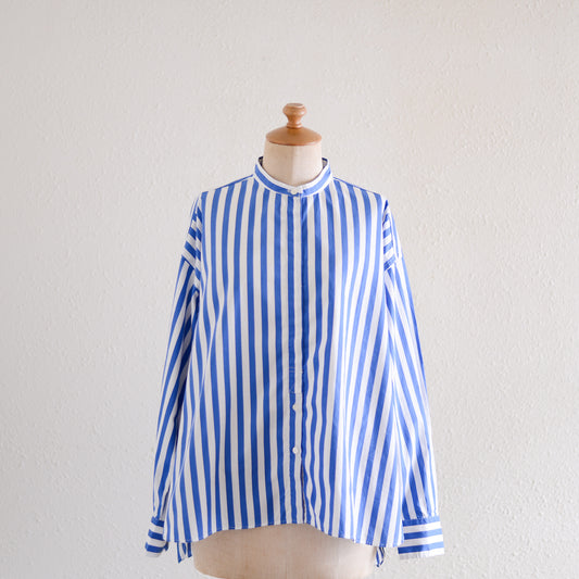 コットンバンドカラーストライプシャツ Off White ×Blue