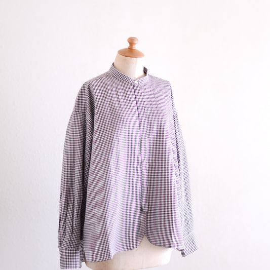 コットンリネンコンシールドボタンシャツ Off White ×Brown