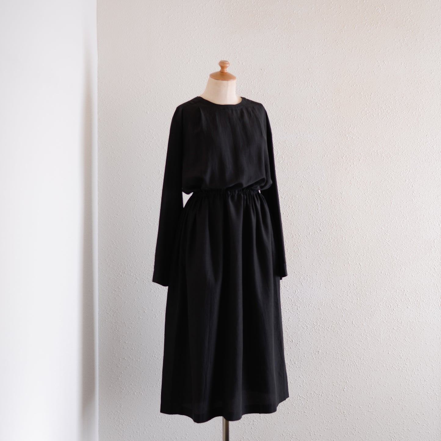 Cupra Cotton Linen Gathered Waist 2-Way Dress, Black