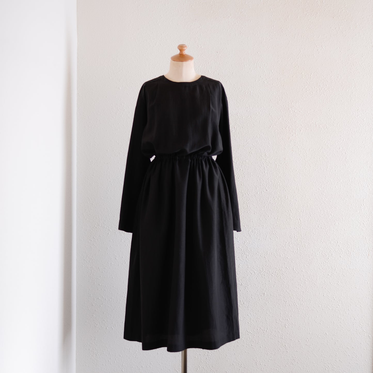 Cupra Cotton Linen Gathered Waist 2-Way Dress, Black