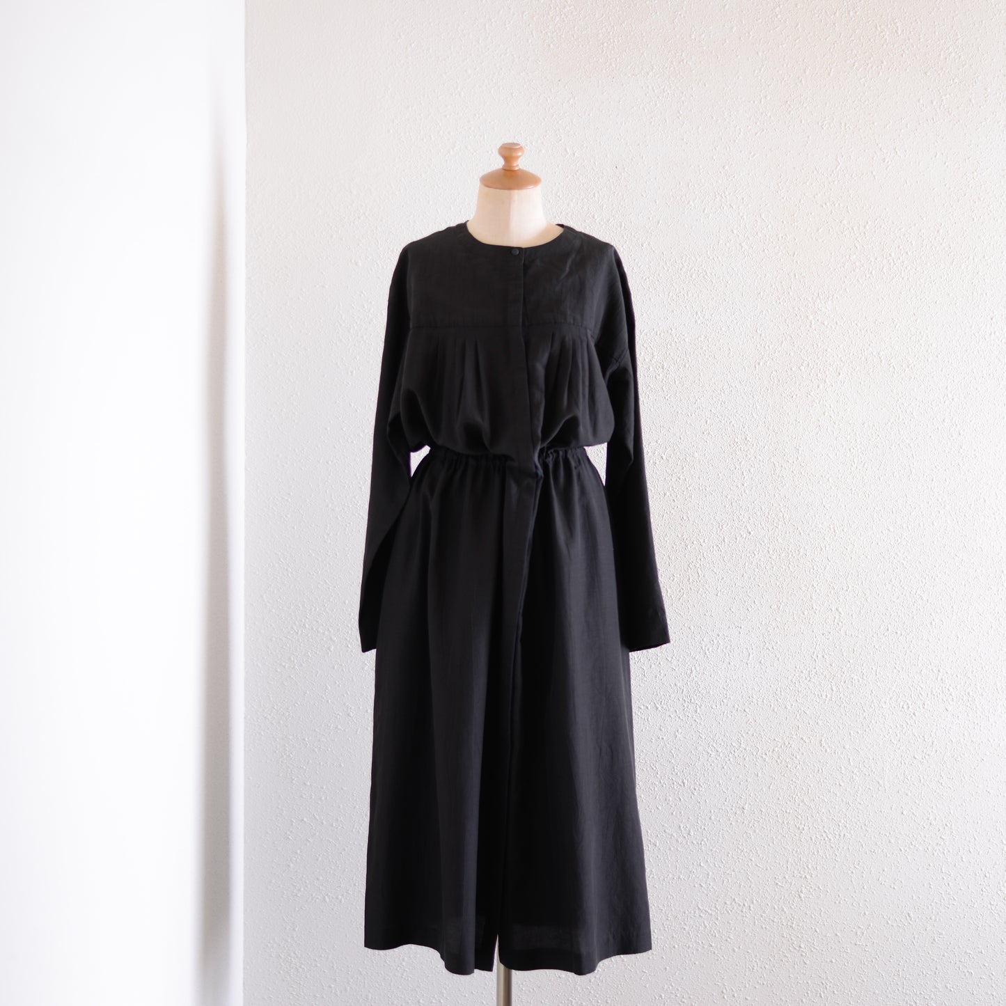 Cupra Cotton Linen Gathered Waist 2-Way Dress, Black