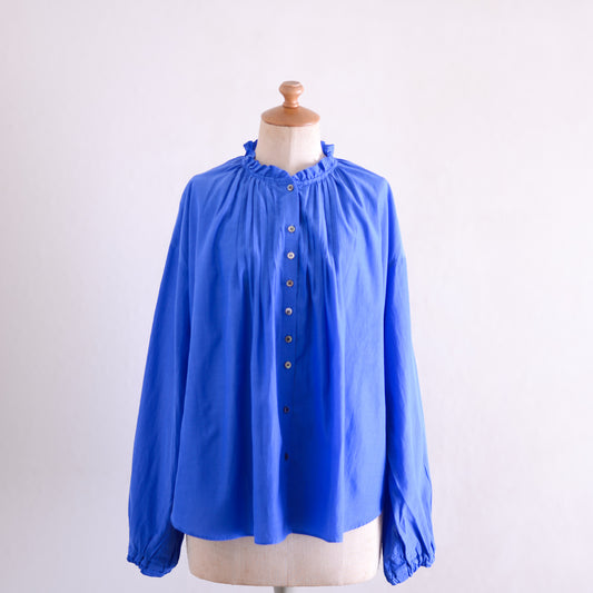 Cupra Cotton Stand-Collar Ruffle Blouse Blue