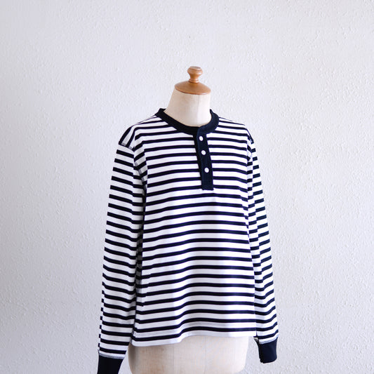 Cotton Striped Henley Neck Pullover Off White×Black