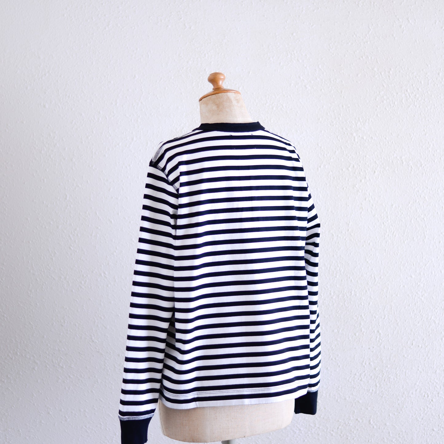 Cotton Striped Henley Neck Pullover Off White×Black