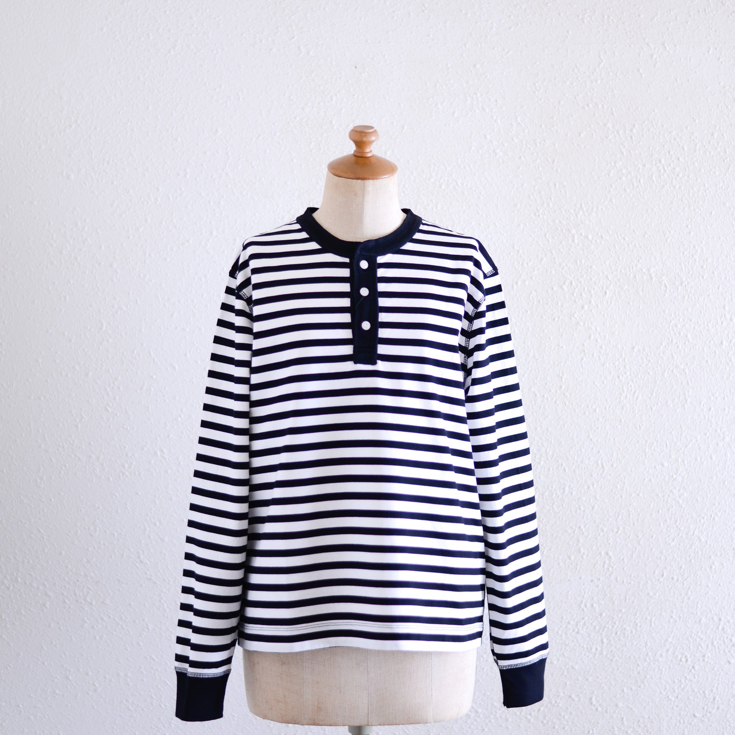 Cotton Striped Henley Neck Pullover Off White×Black