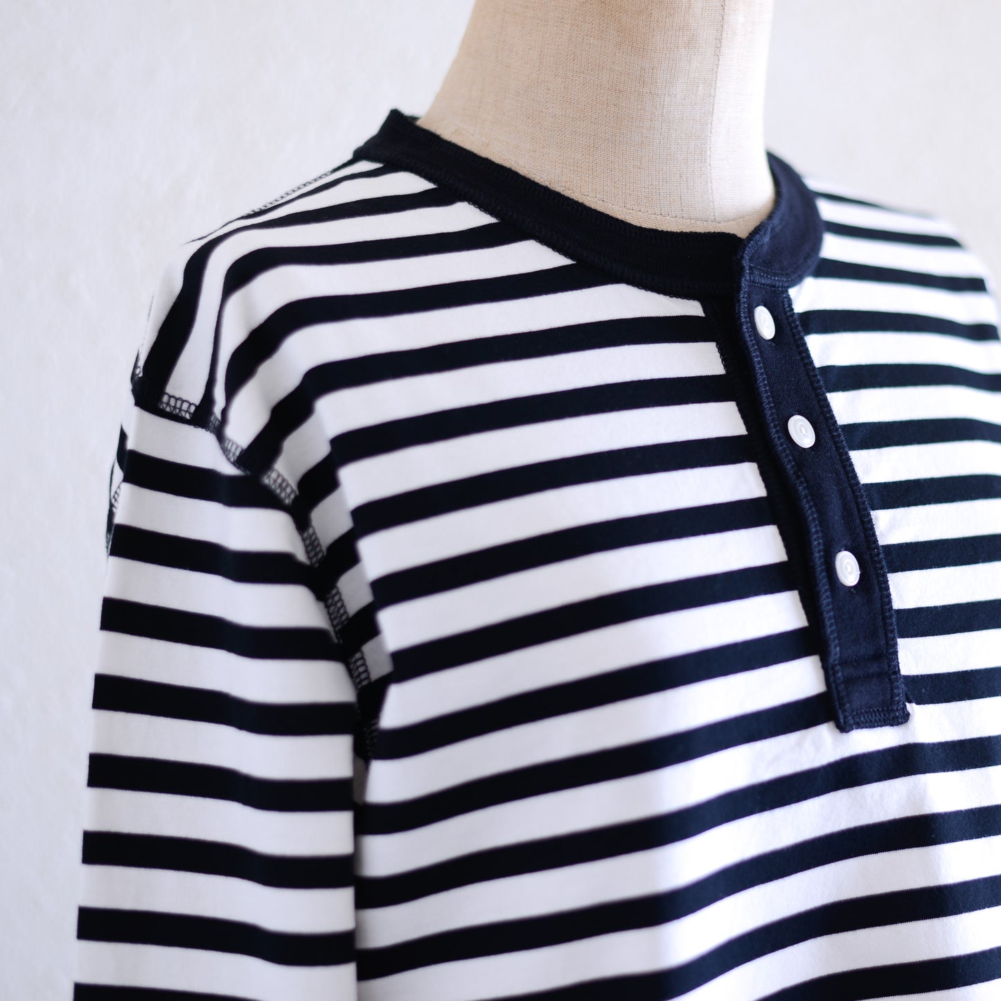 Cotton Striped Henley Neck Pullover Off White×Black