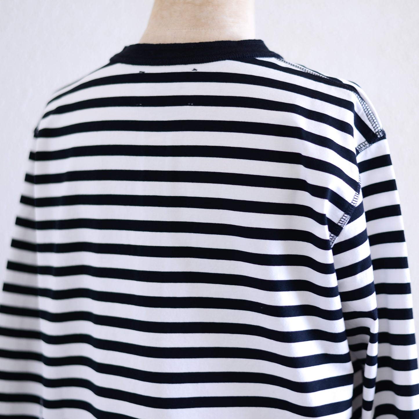 Cotton Striped Henley Neck Pullover Off White×Black