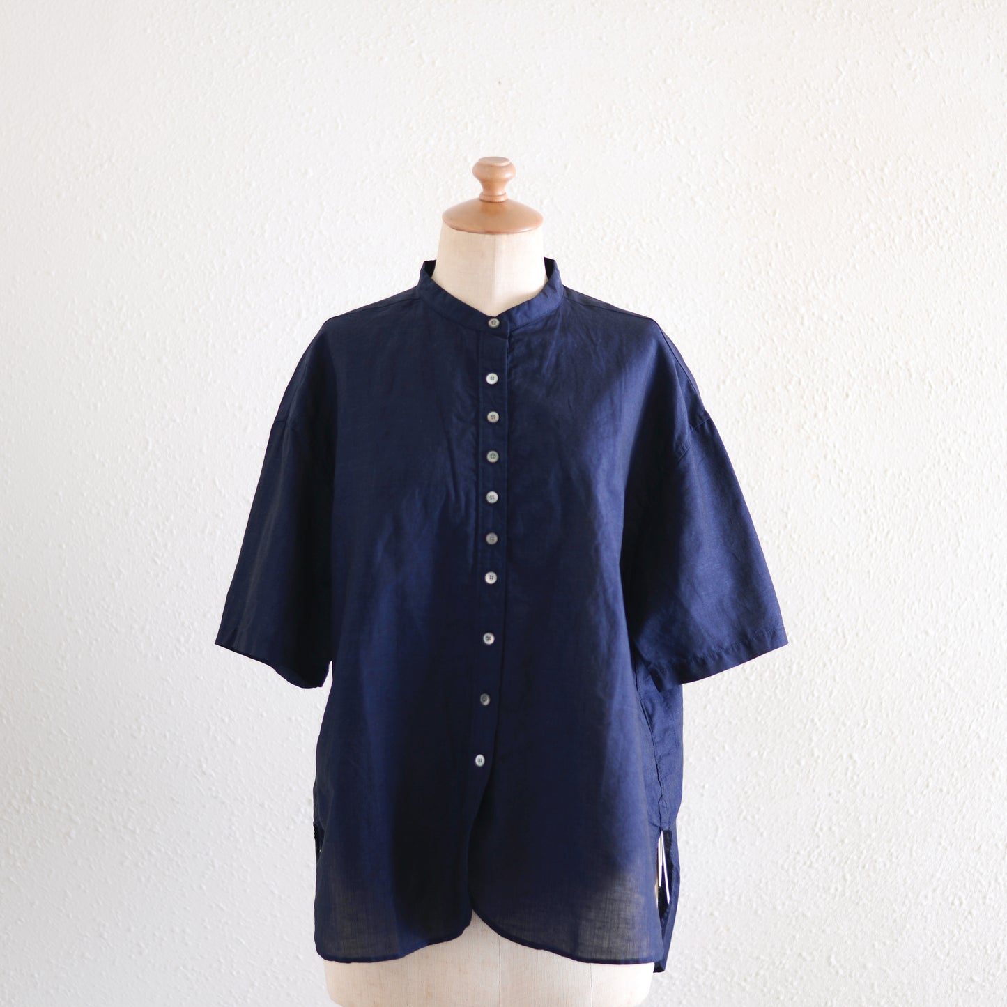 コットンリネンバンドカラー半袖シャツ Dark Navy