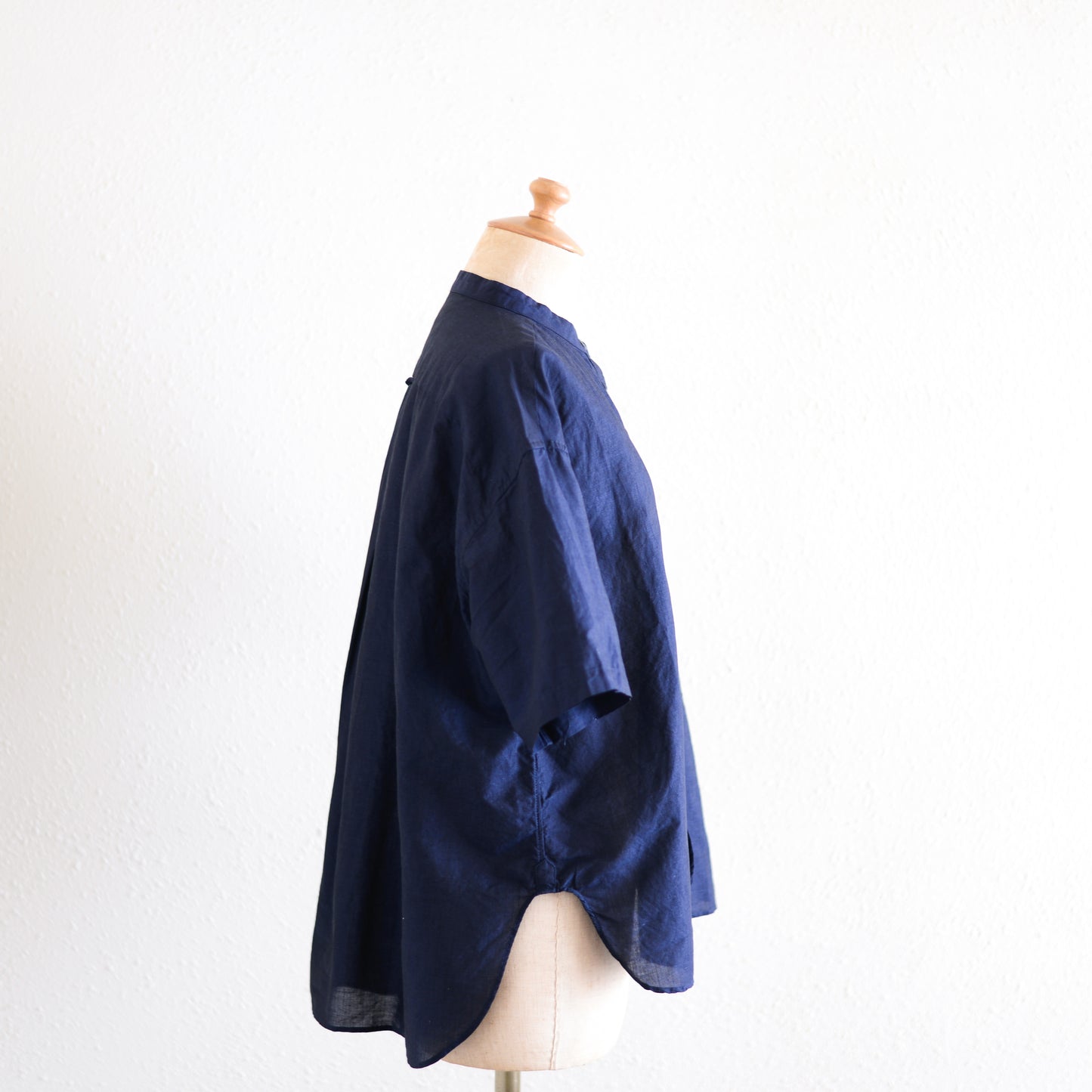 コットンリネンバンドカラー半袖シャツ Dark Navy