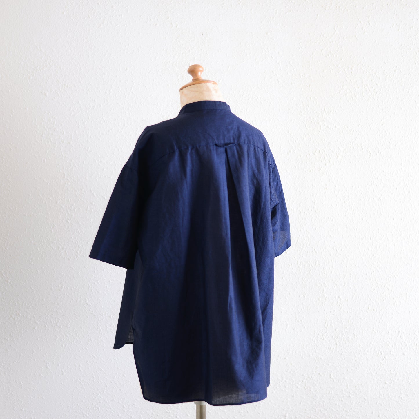 コットンリネンバンドカラー半袖シャツ Dark Navy
