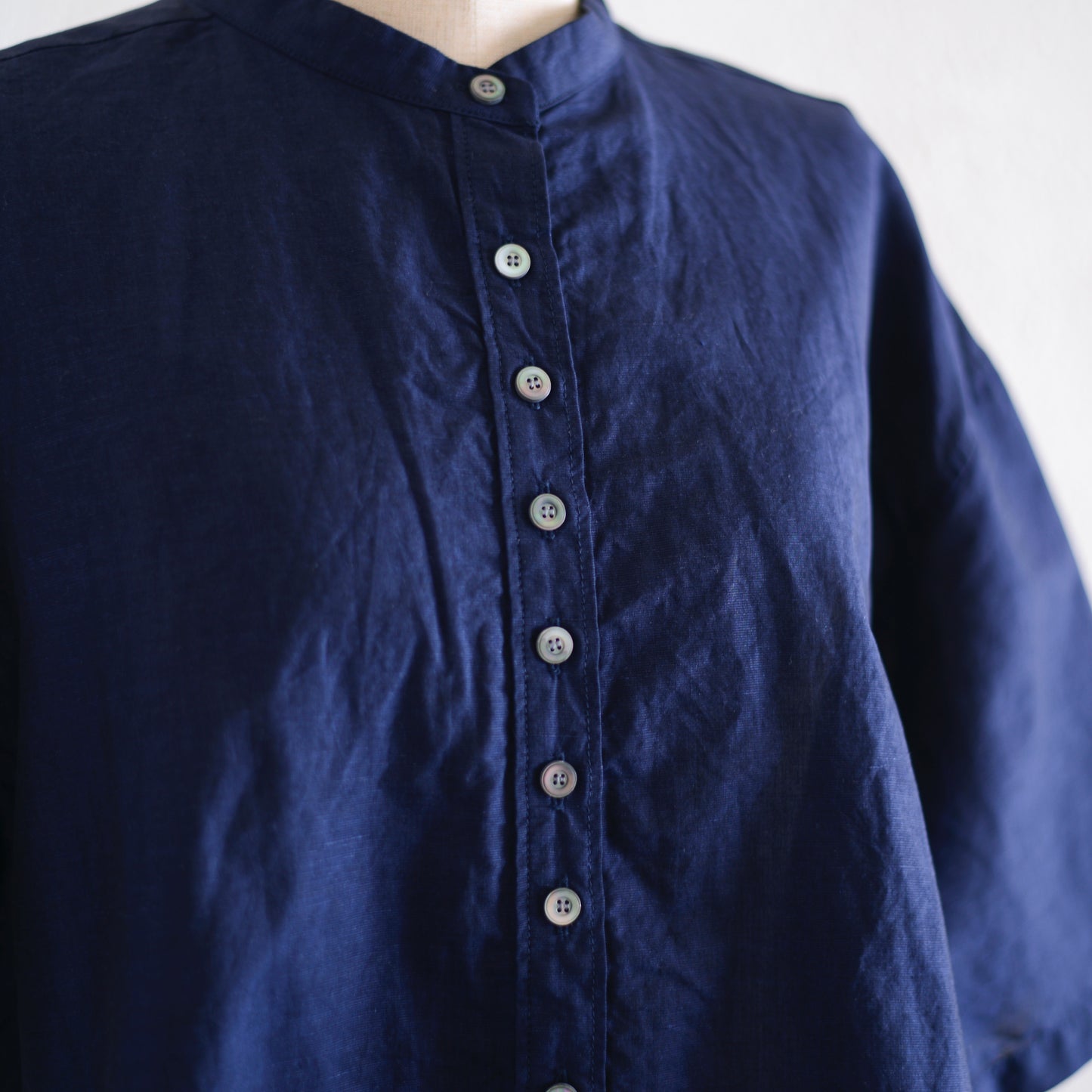 コットンリネンバンドカラー半袖シャツ Dark Navy