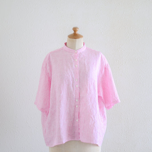 フレンチリネンストライプ半袖シャツ Off White × Pink
