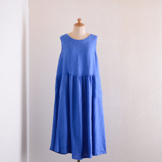 リネンギャザーウエストワンピース Blue