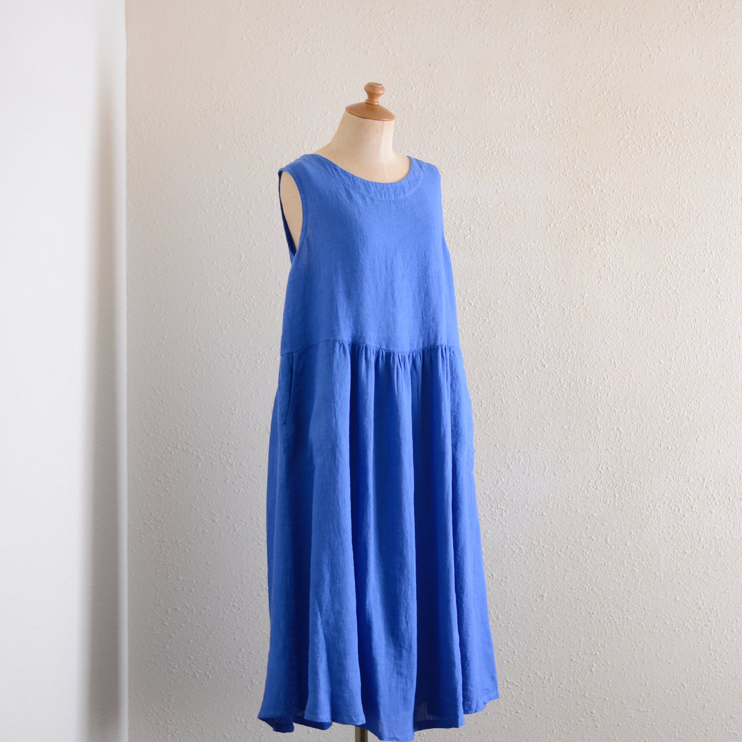 リネンギャザーウエストワンピース Blue