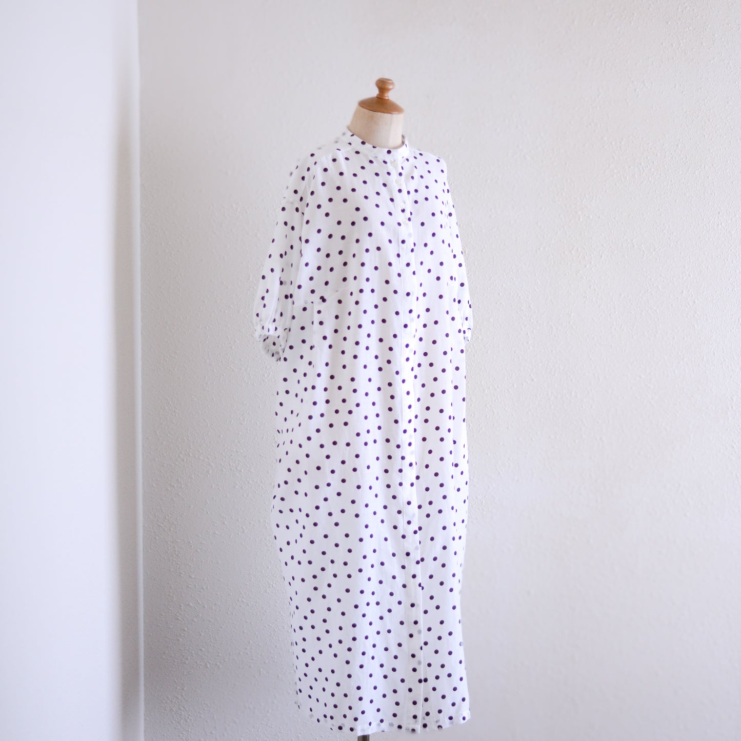キュプラコットンリネンポルカドットワンピース Off White × Brown