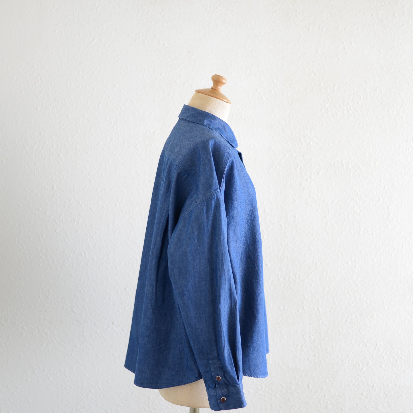 Cotton denim round collar shirt Blue