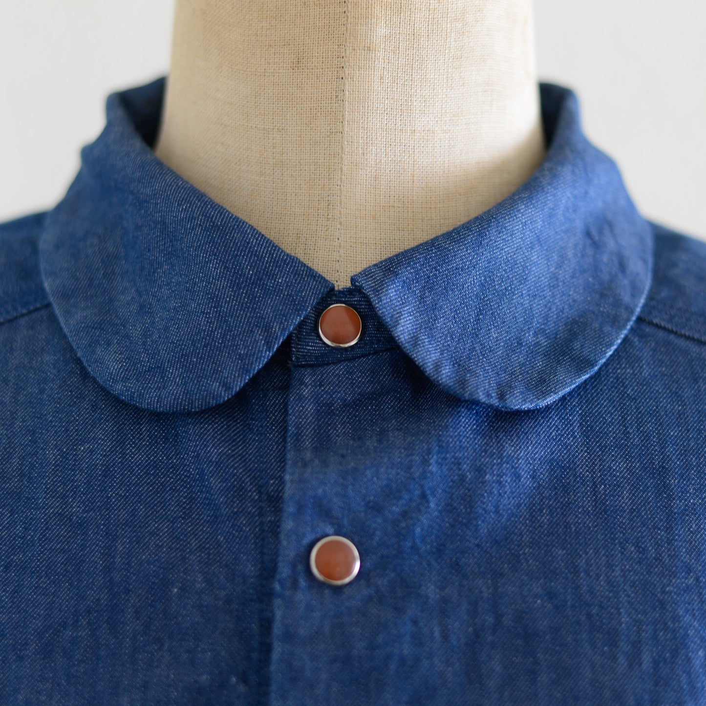 Cotton denim round collar shirt Blue
