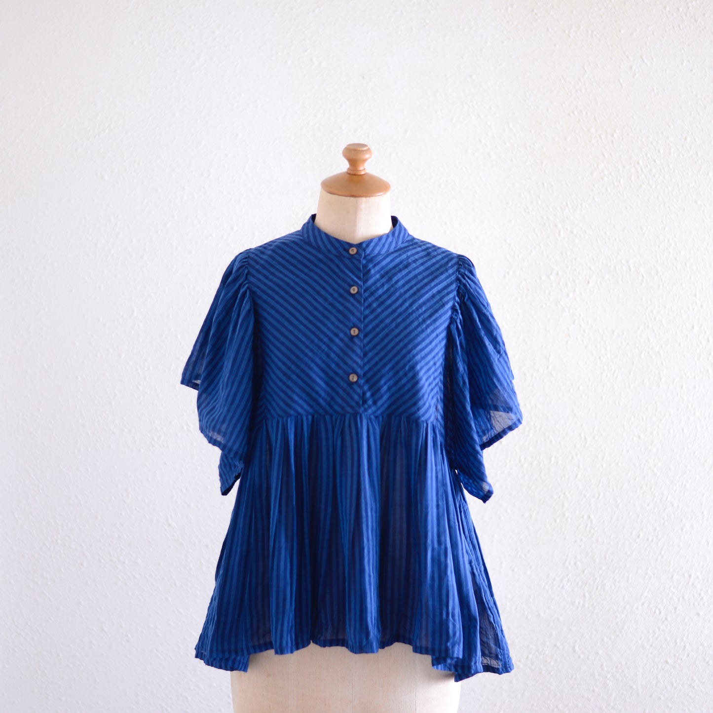 テンセルコットンストライプギャザーブラウス Navy ×Blue