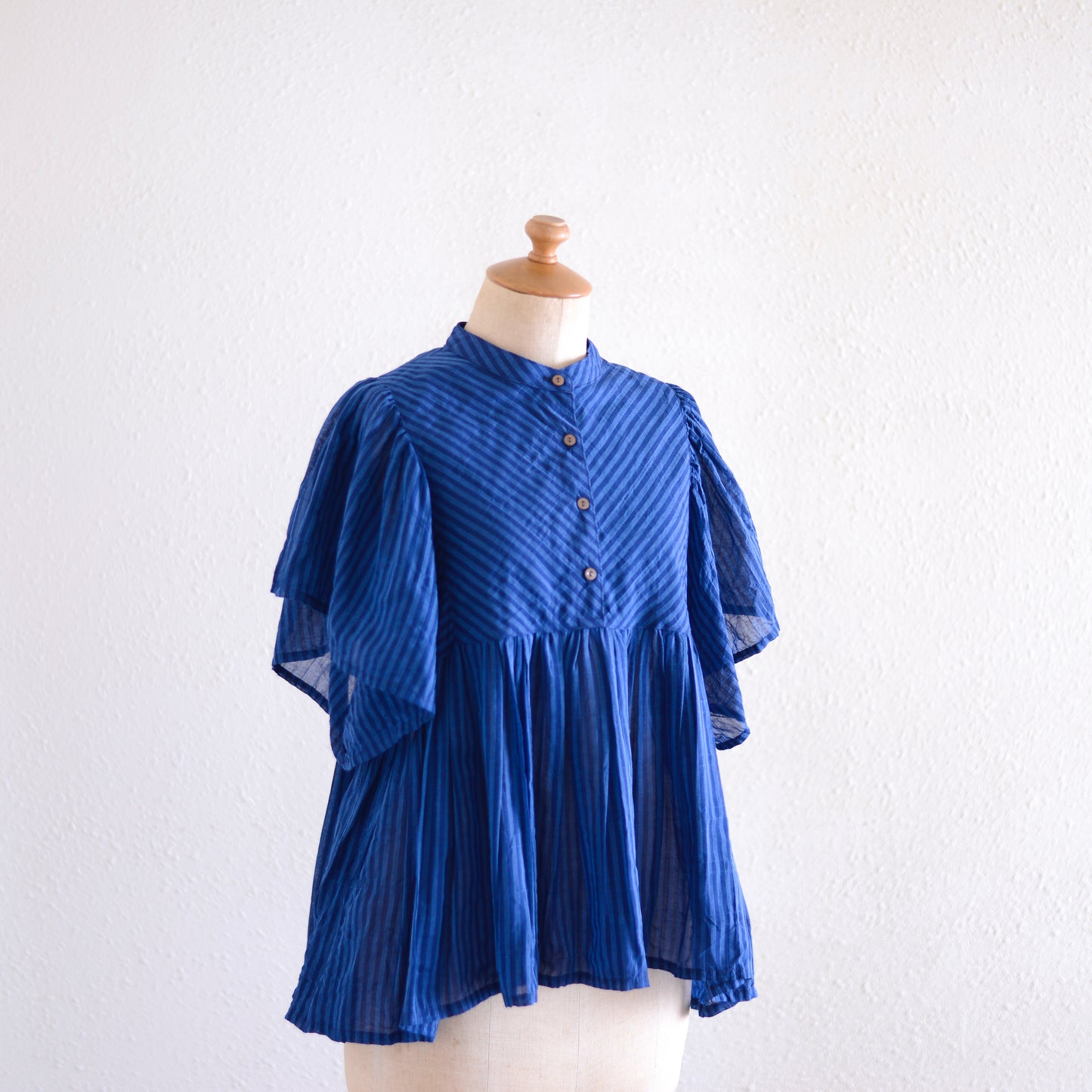 テンセルコットンストライプギャザーブラウス Navy ×Blue