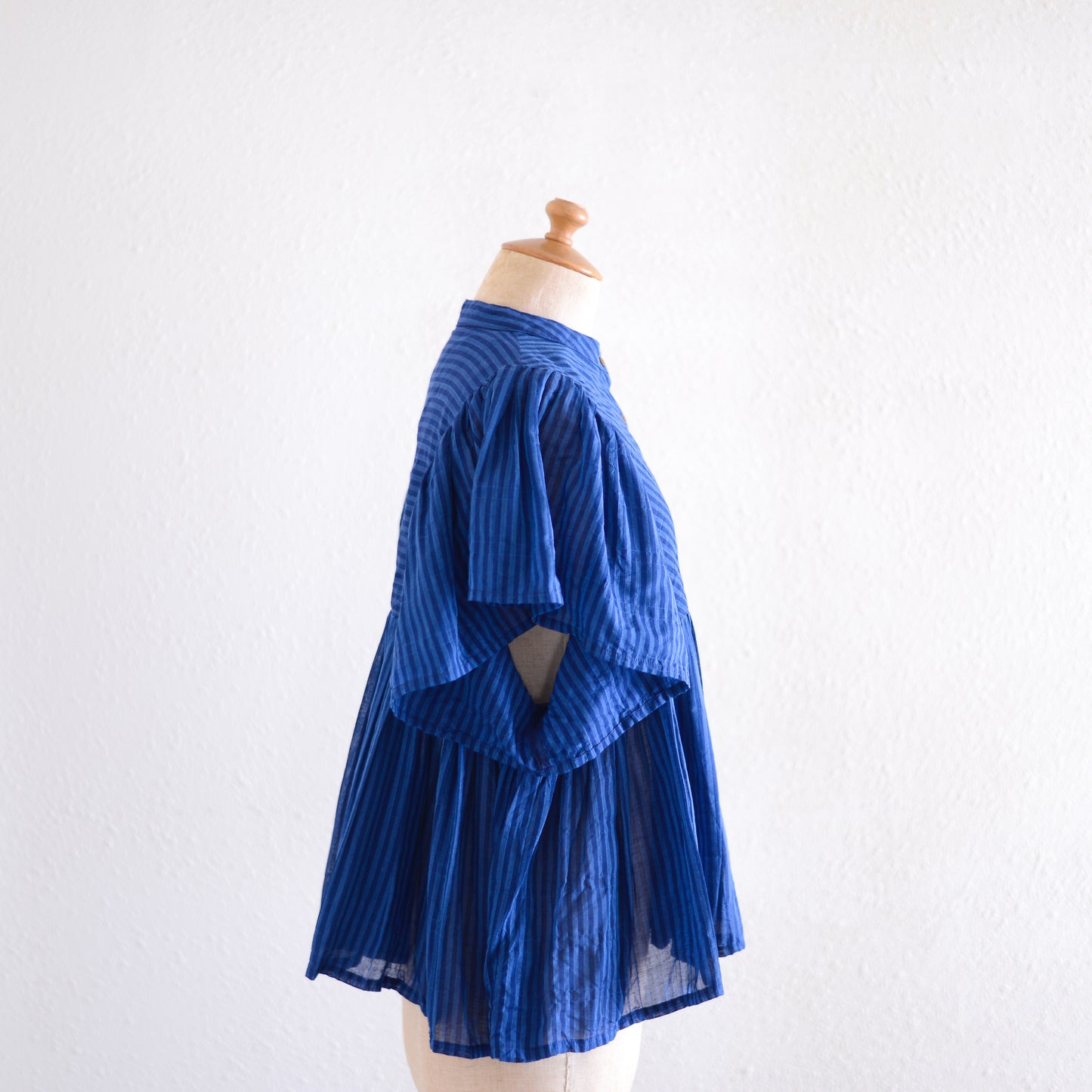 テンセルコットンストライプギャザーブラウス Navy ×Blue