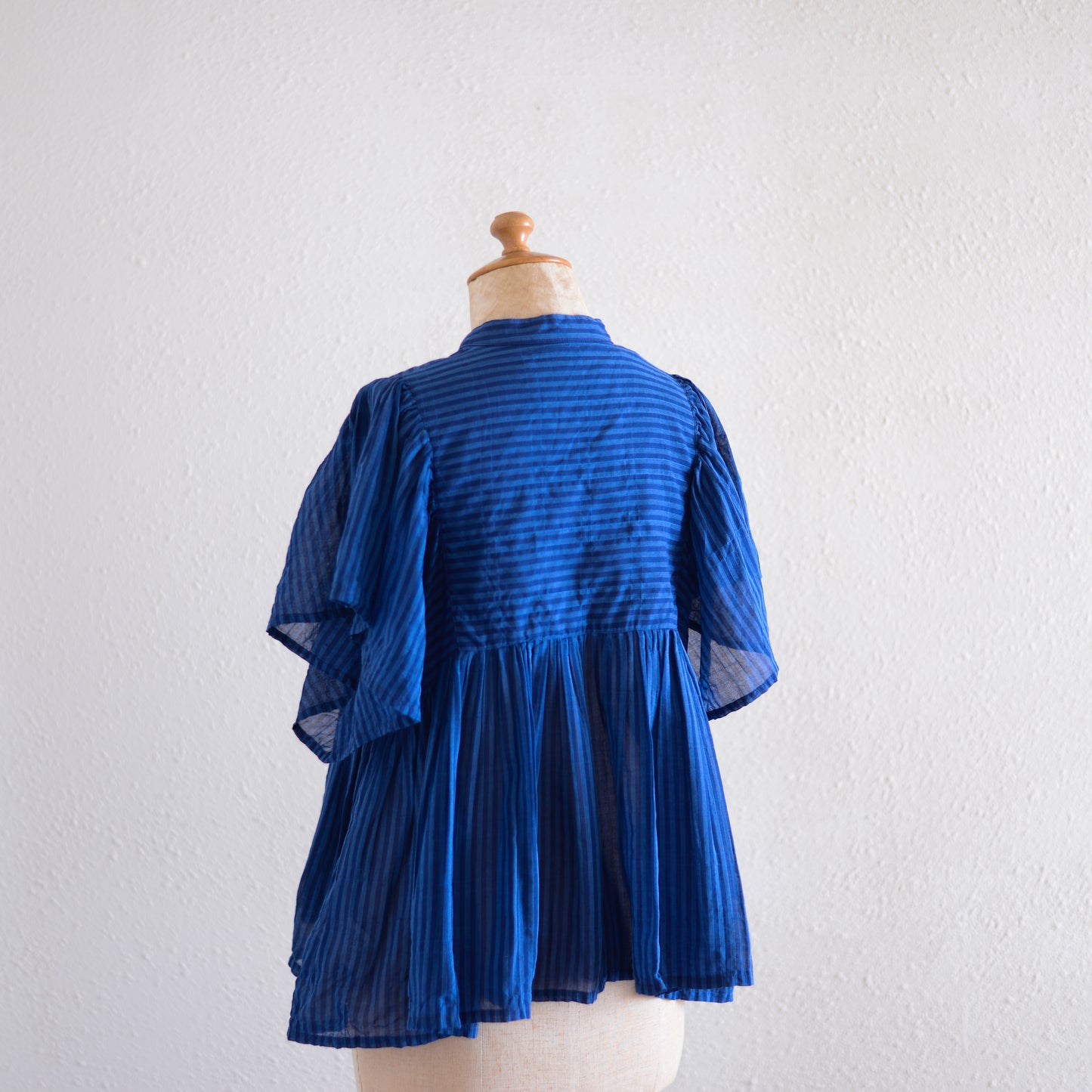 テンセルコットンストライプギャザーブラウス Navy ×Blue