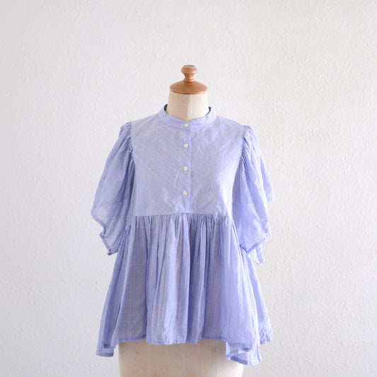 テンセルコットンストライプギャザーブラウス White ×Blue