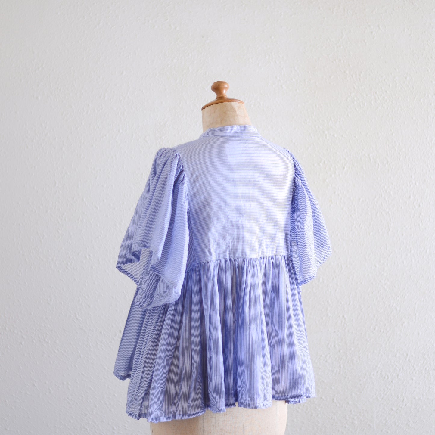 テンセルコットンストライプギャザーブラウス White ×Blue