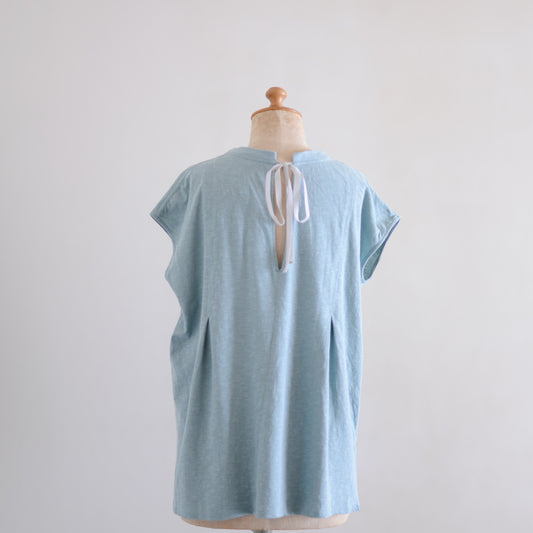 Cotton Linen Back Ribbon Pullover Smoke Blue