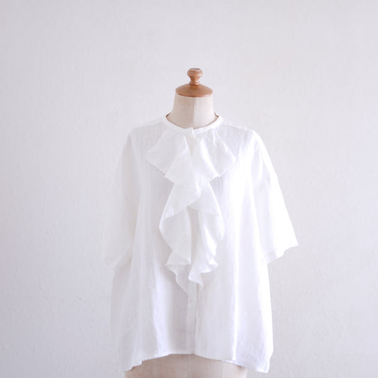 リネンラッフルショートスリーブブラウス  Off White