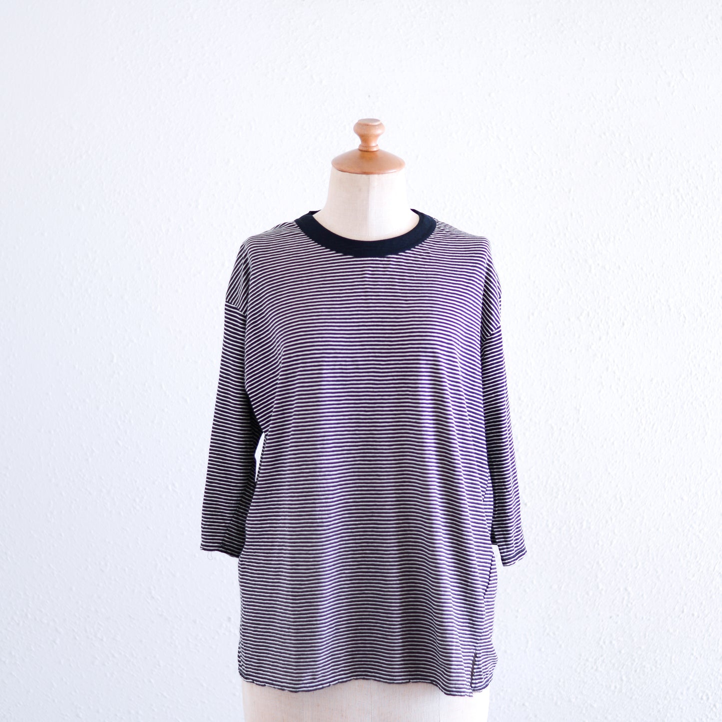 コットンリネン七分袖ボーダーTシャツ Black