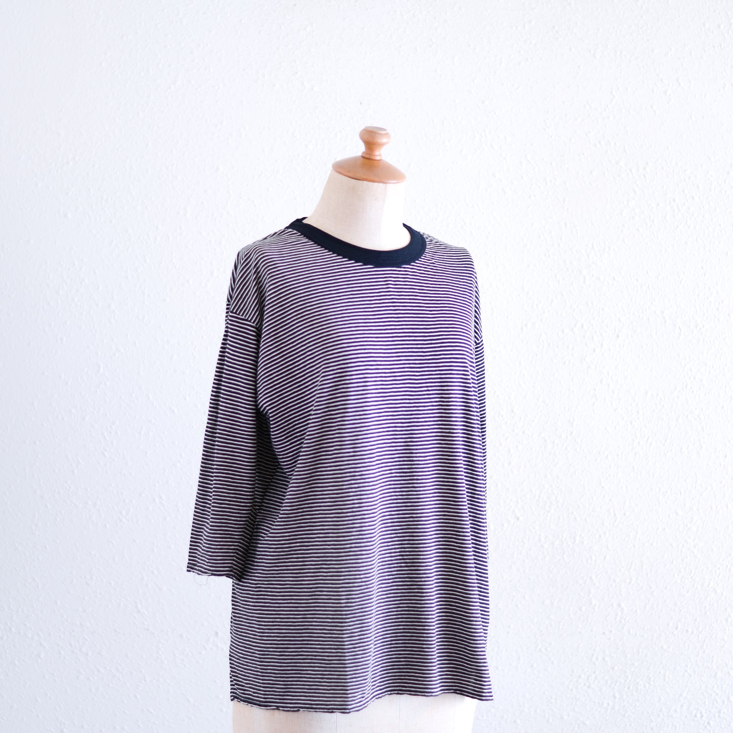 コットンリネン七分袖ボーダーTシャツ Black