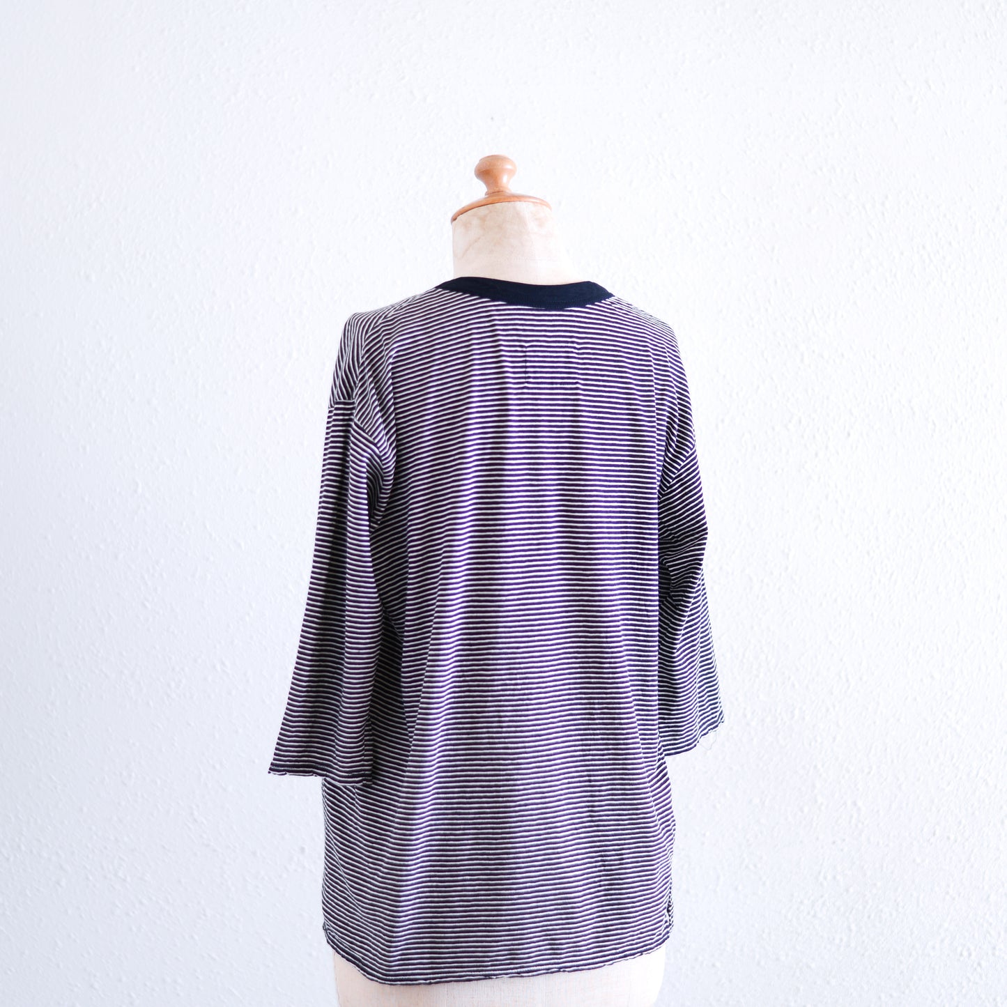 コットンリネン七分袖ボーダーTシャツ Black