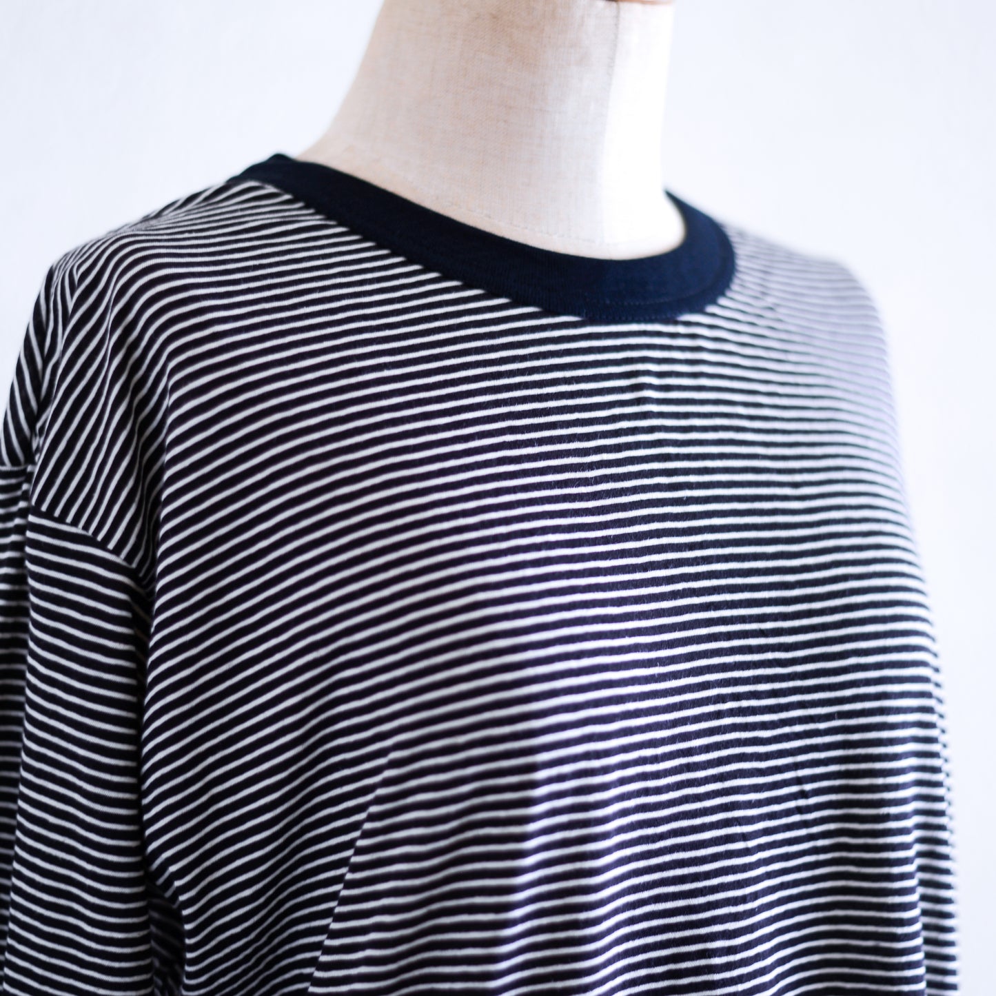 コットンリネン七分袖ボーダーTシャツ Black