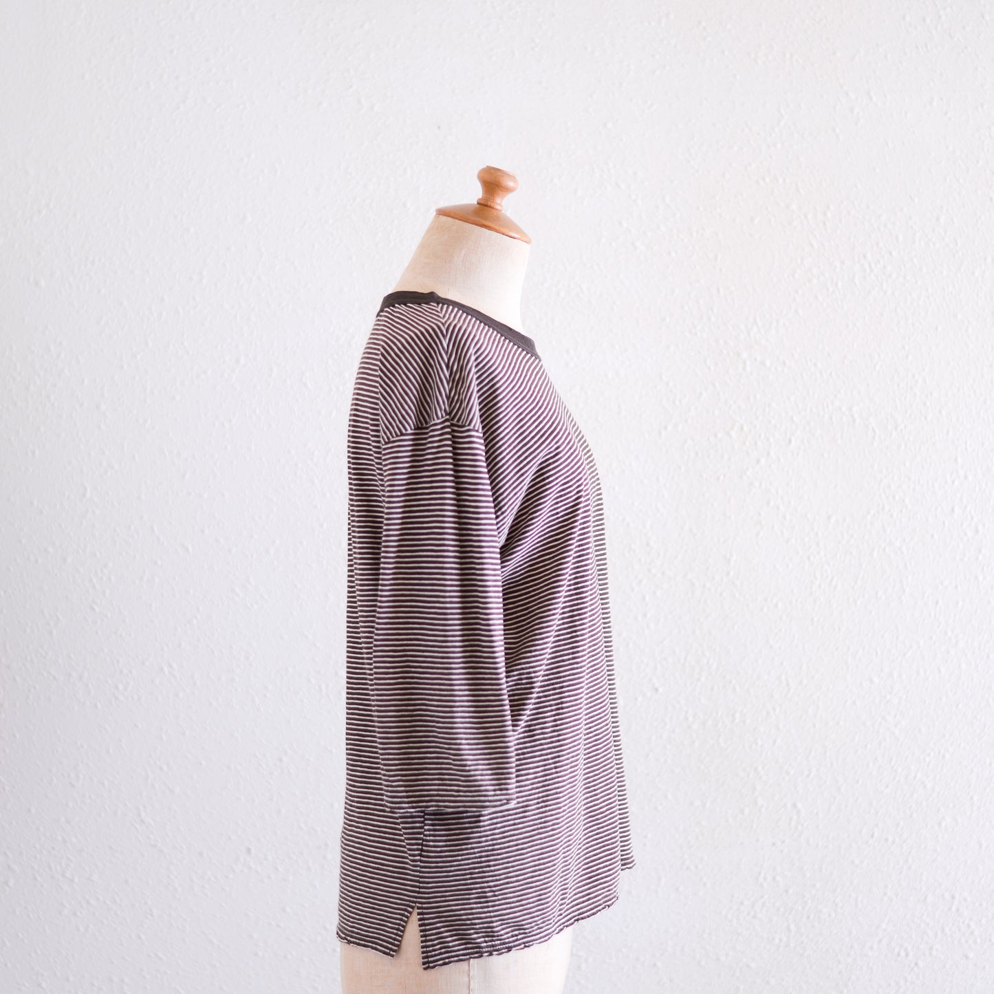 コットンリネン七分袖ボーダーTシャツ Brown