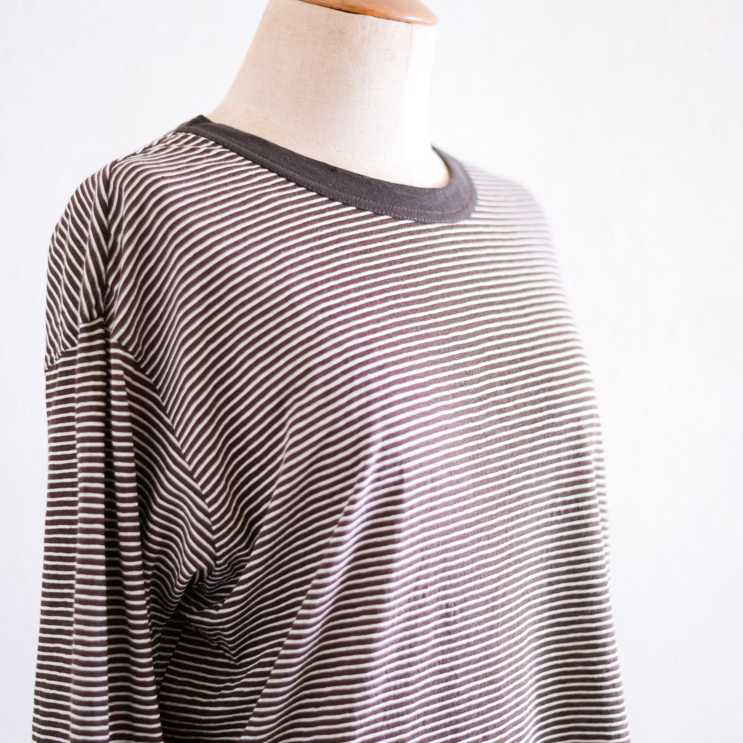 コットンリネン七分袖ボーダーTシャツ Brown