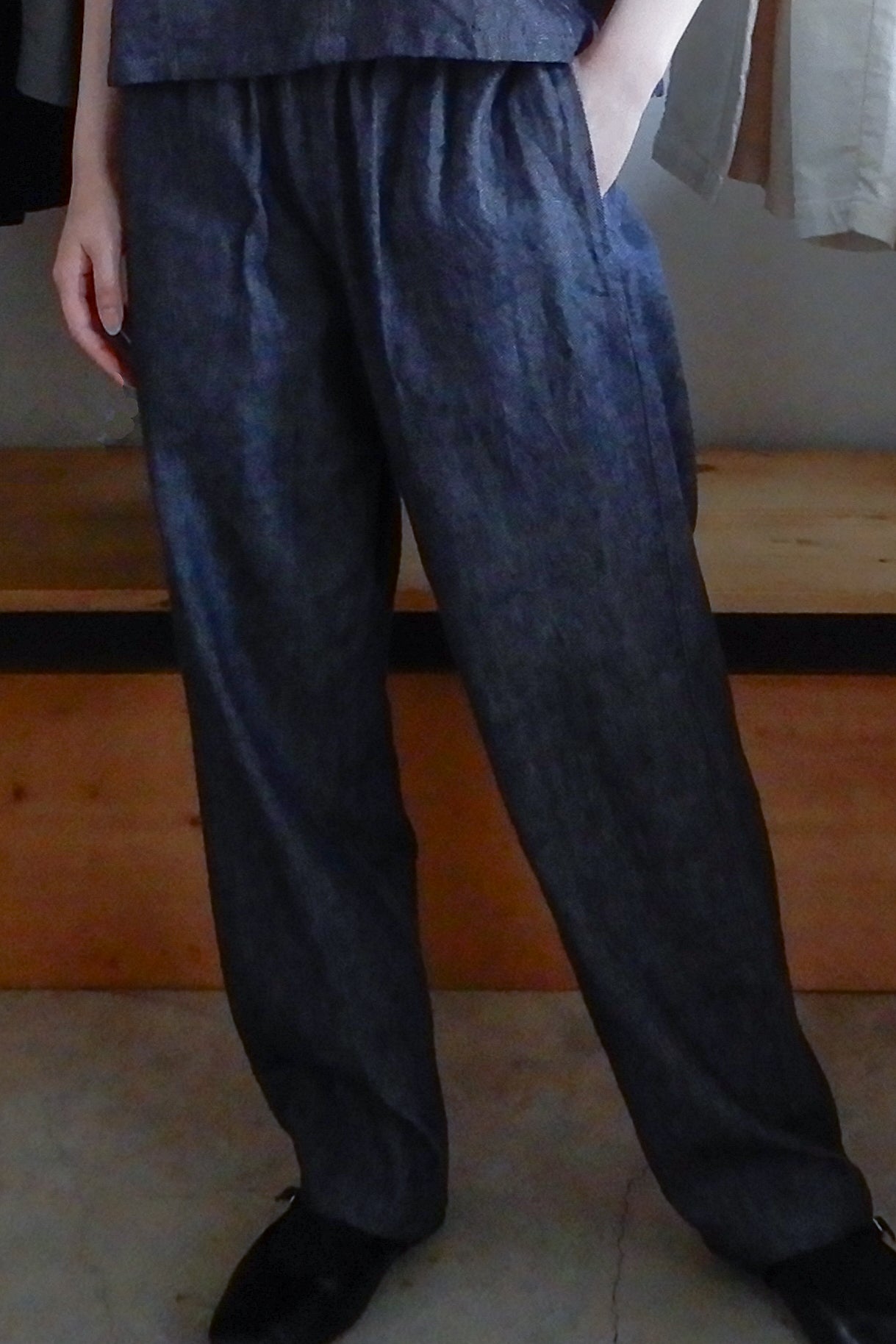 Linen cotton denim wide pants Indigo