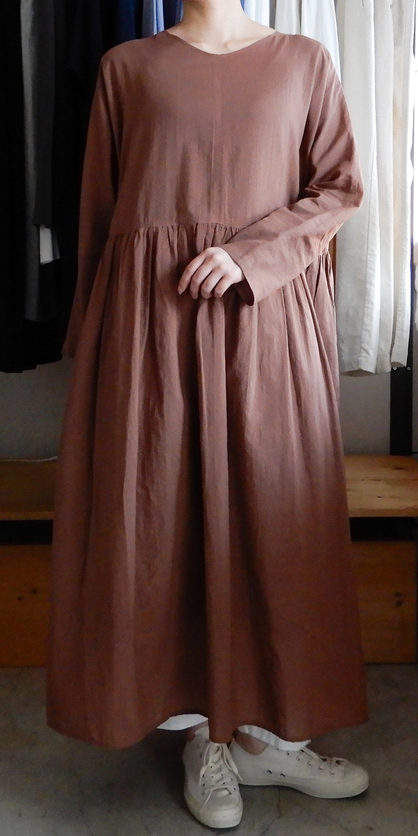 コットンリネン2ウェイギャザーワンピース Brown