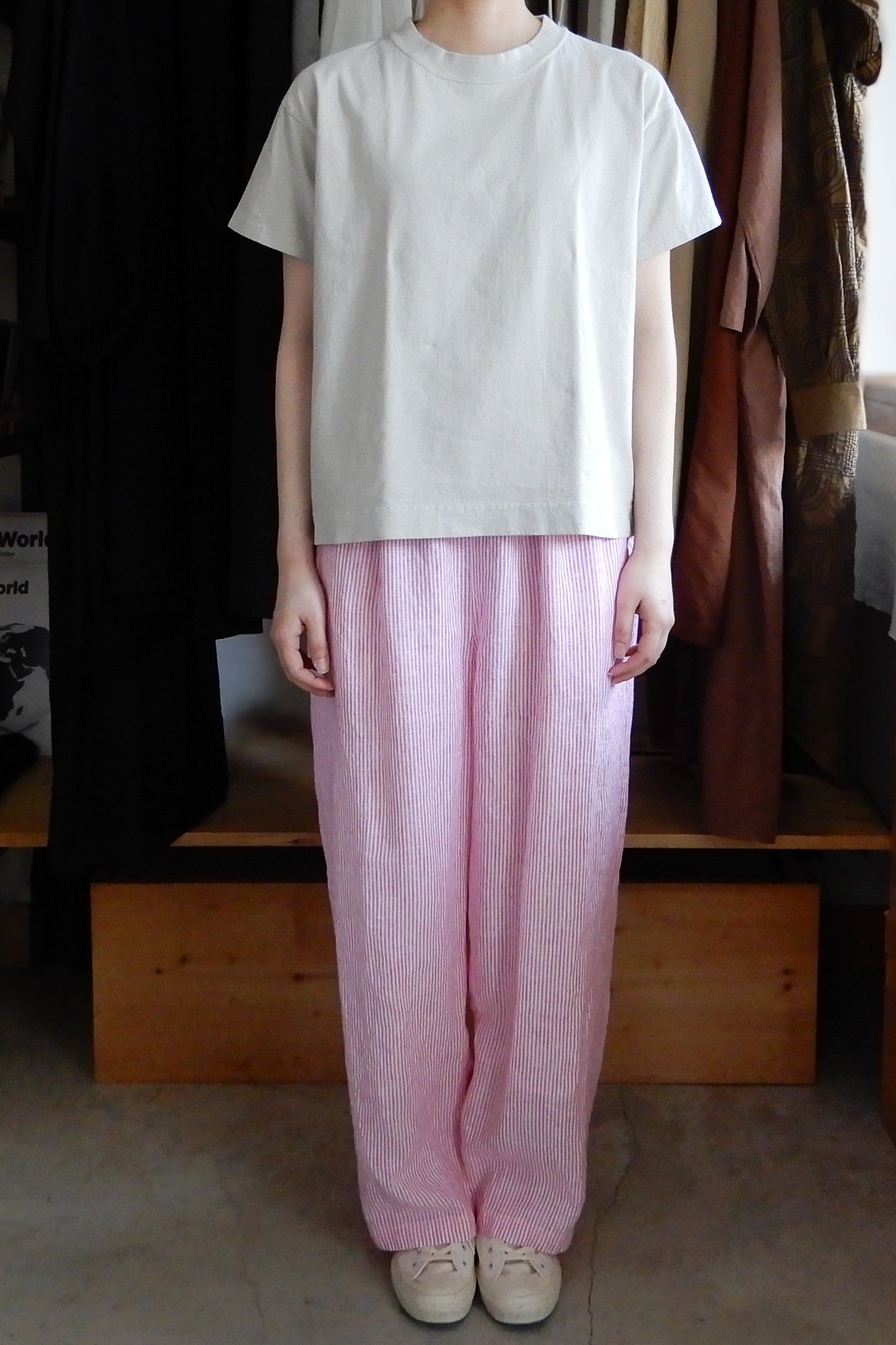 リネンストライプイージーパンツ Off White×Pink