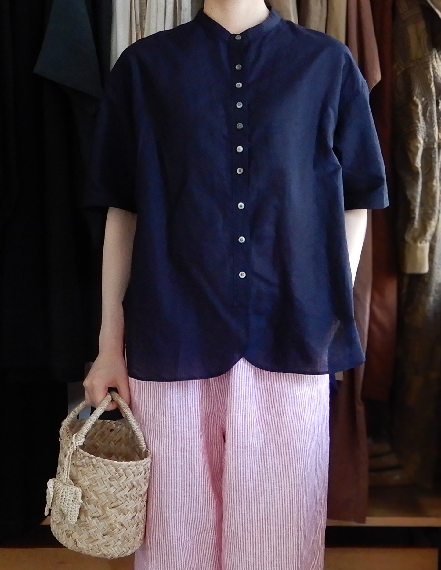 コットンリネンバンドカラー半袖シャツ Dark Navy