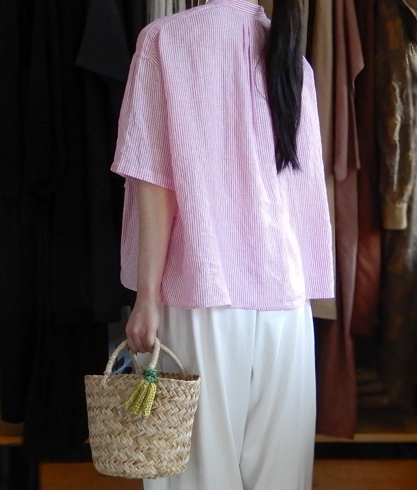フレンチリネンストライプ半袖シャツ Off White × Pink