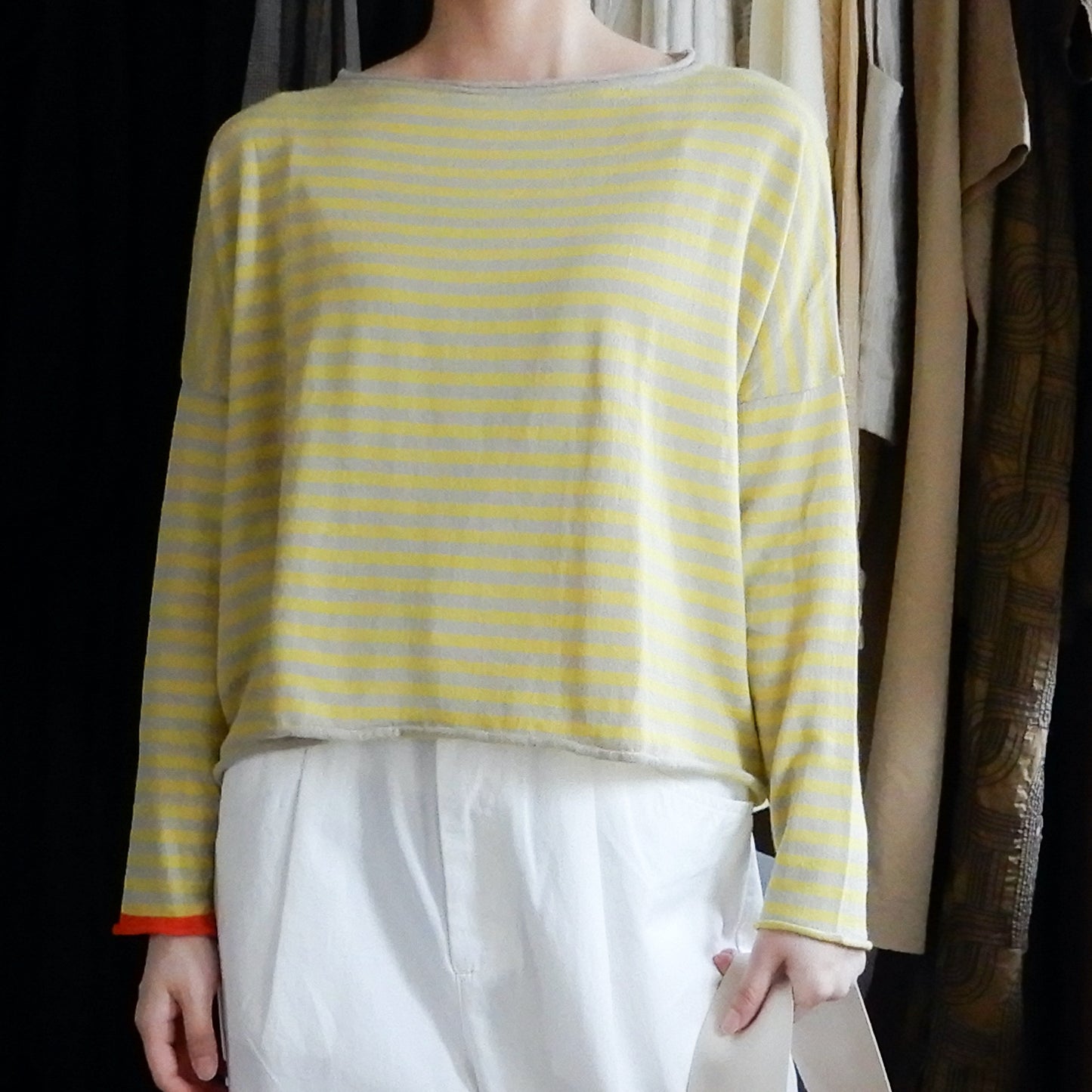 コットンボーダーニットプルオーバー Beige × Yellow