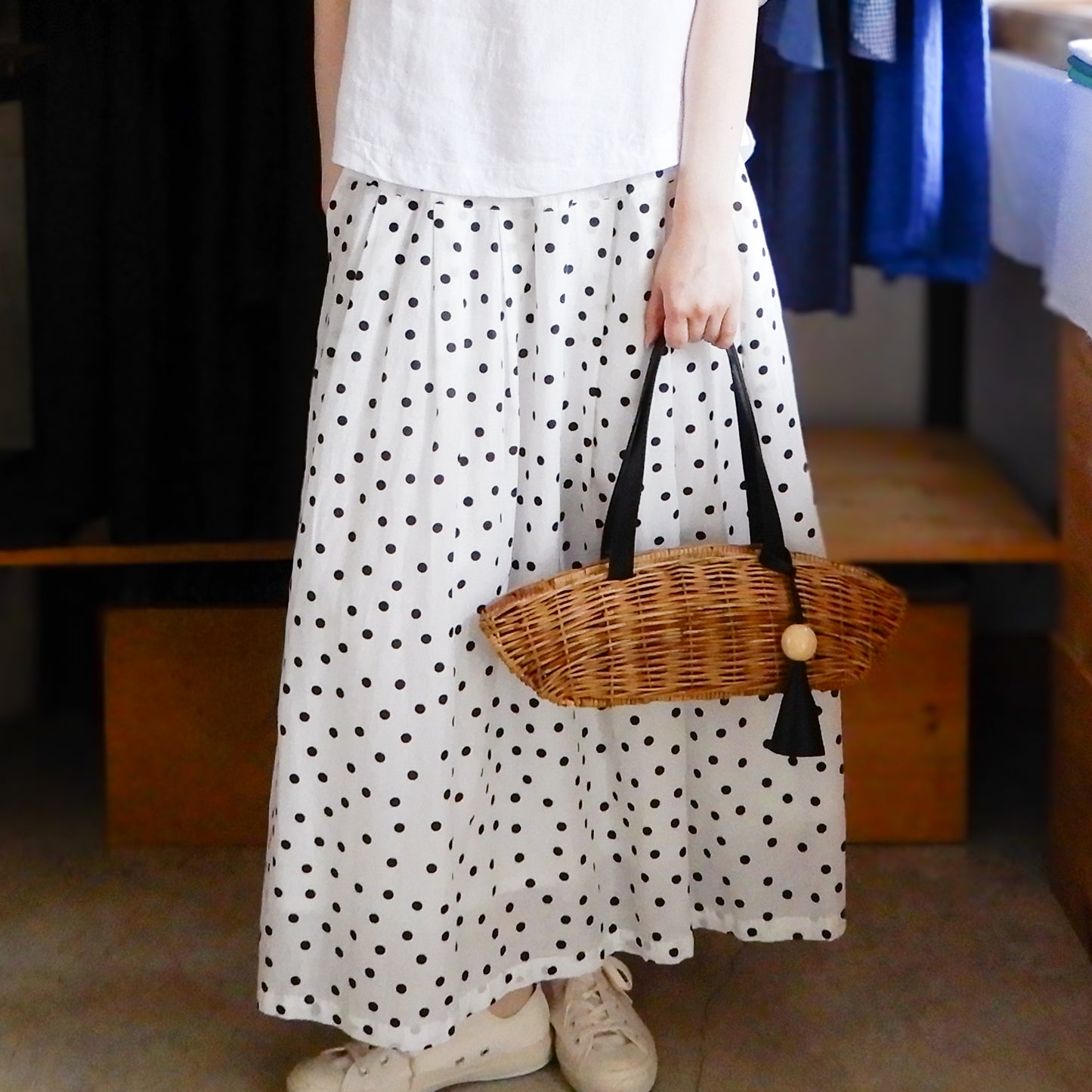 キュプラコットンリネンポルカドットスカート Off White × Brown