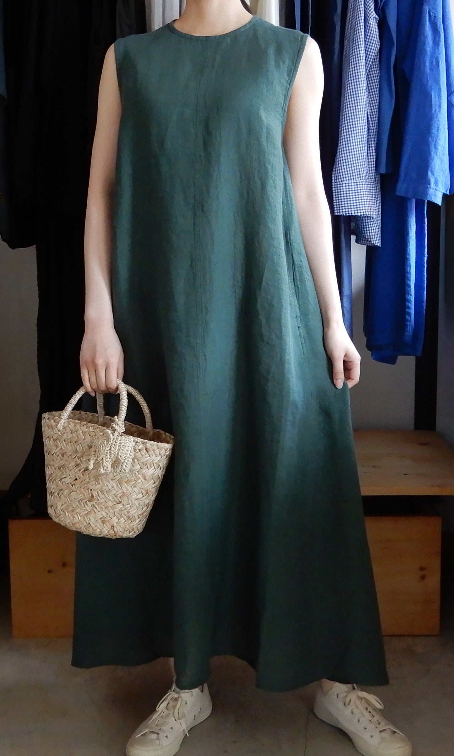 リネンスリーブレスロングワンピース Green