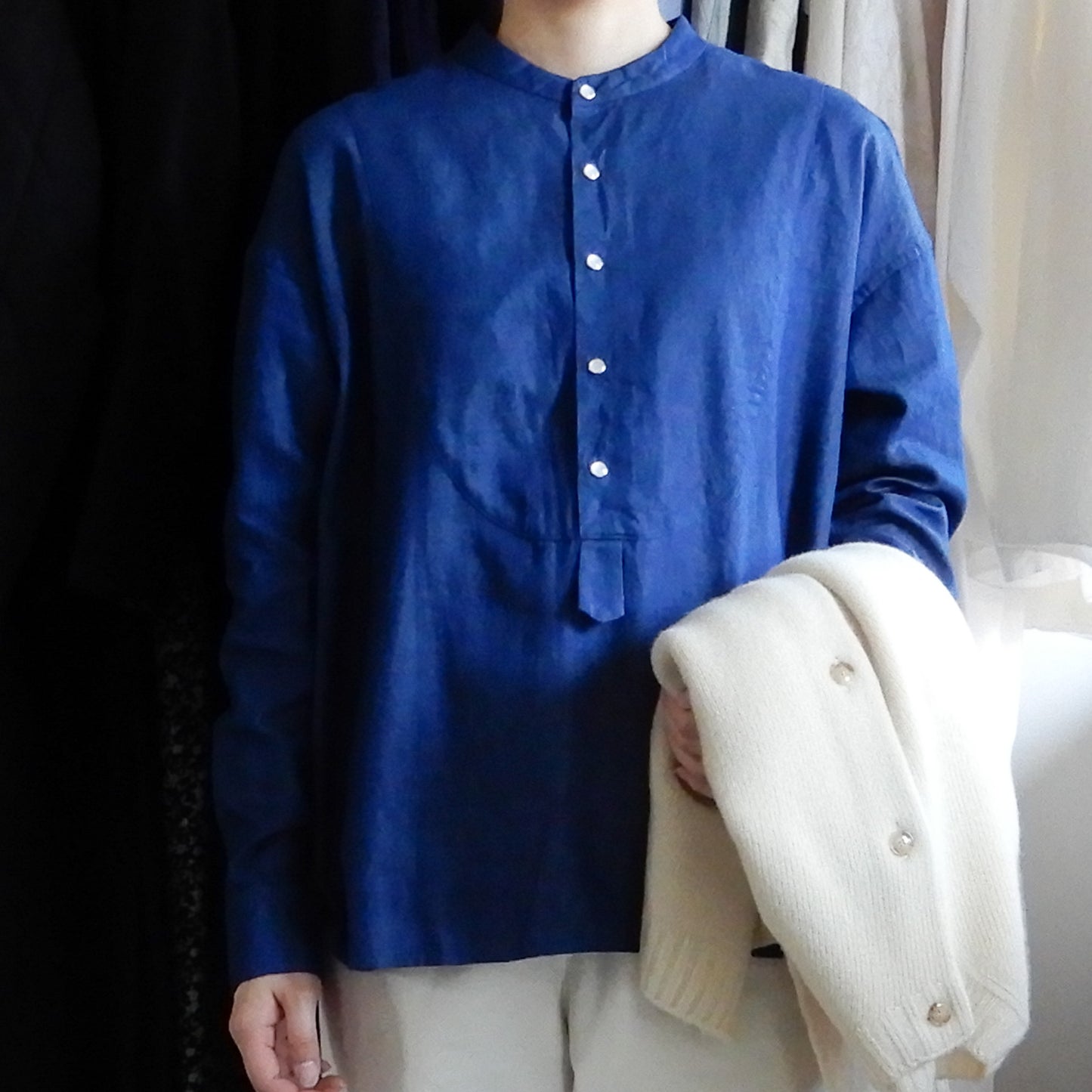 バンドカラースナップボタンシャツ Blue