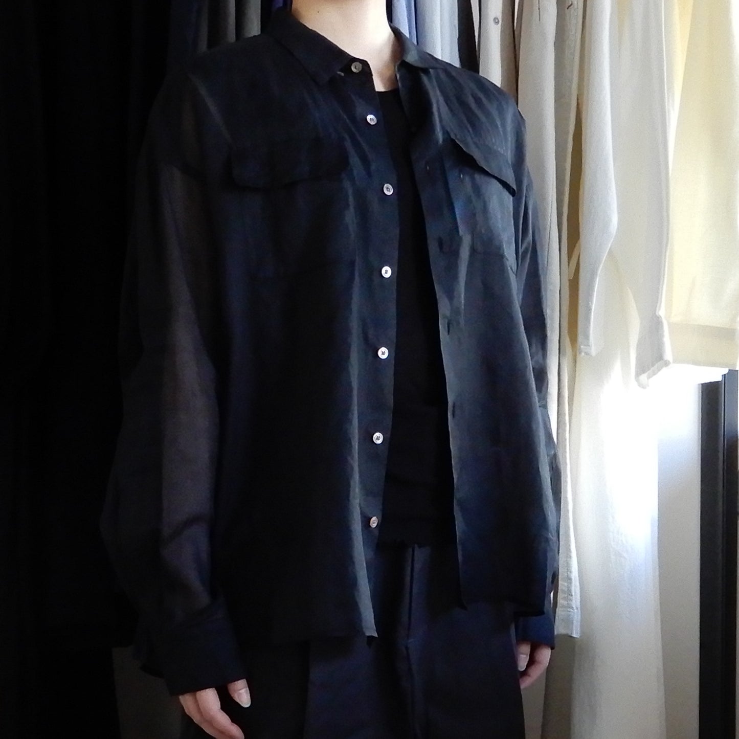 Cotton Flap Pocket Sheer Blouse in Black